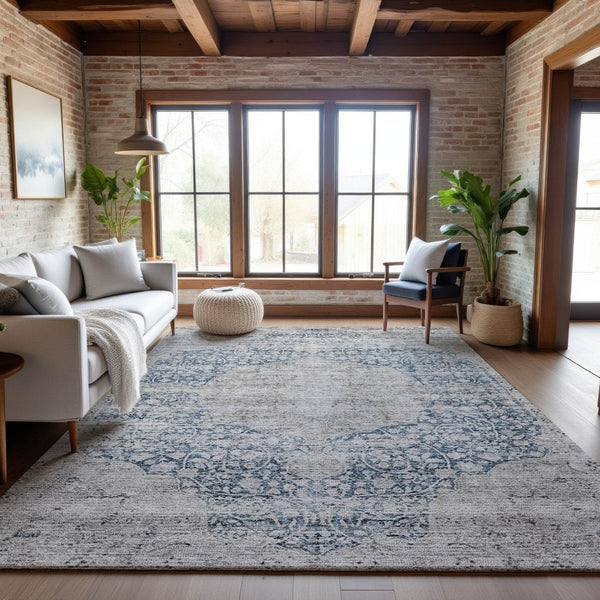 HomeRoots 8' X 10' Medallion Area Rug in Blue & Beige - Washable, UV Protected, Stain Resistant for Busy Homes 686757