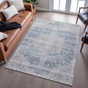 HomeRoots 8' X 10' Medallion Area Rug in Blue & Beige - Washable, UV Protected, Stain Resistant for Busy Homes 686757