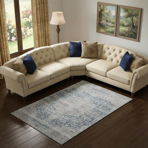 HomeRoots 9' X 12' Blue and Beige Medallion Area Rug - Washable, UV Protected, Durable Design for High Traffic Homes 686758