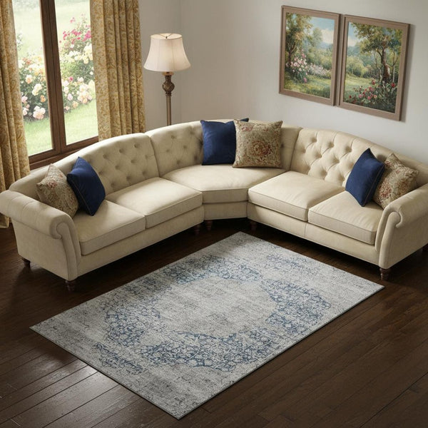 HomeRoots 9' X 12' Blue and Beige Medallion Area Rug - Washable, UV Protected, Durable Design for High Traffic Homes 686758