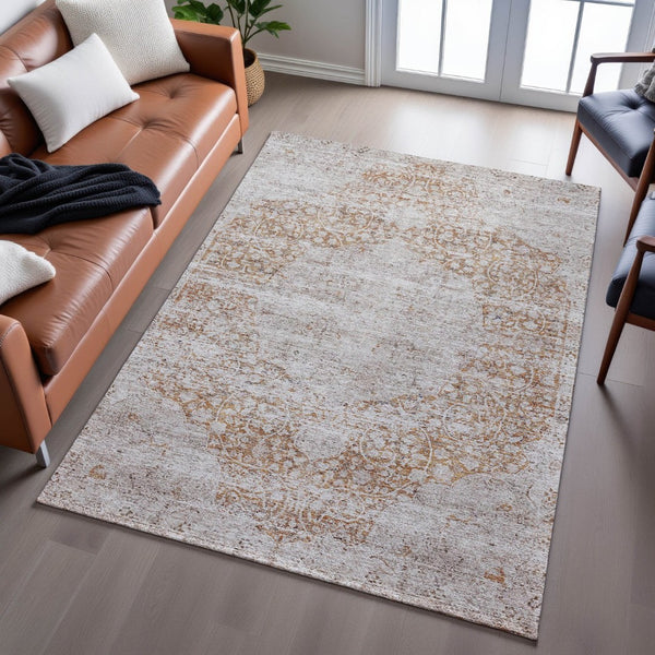 HomeRoots 5' X 8' Copper Medallion Area Rug - Washable, UV Protected, Stain Resistant for Stylish Homes 686761