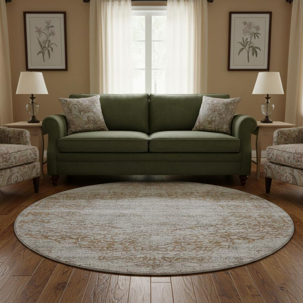 HomeRoots 8' Copper and Beige Medallion Round Rug - Washable, UV-Protected, Stain-Resistant for Family Homes 686762