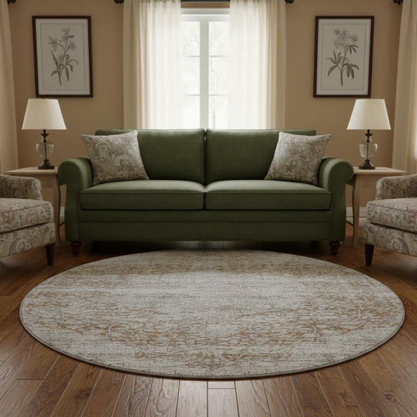 HomeRoots 8' Copper and Beige Medallion Round Rug - Washable, UV-Protected, Stain-Resistant for Family Homes 686762