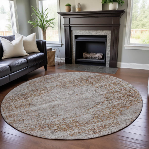 HomeRoots 8' Copper and Beige Medallion Round Rug - Washable, UV-Protected, Stain-Resistant for Family Homes 686762