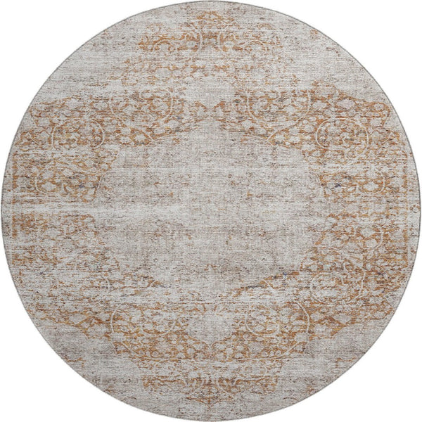 HomeRoots 8' Copper and Beige Medallion Round Rug - Washable, UV-Protected, Stain-Resistant for Family Homes 686762