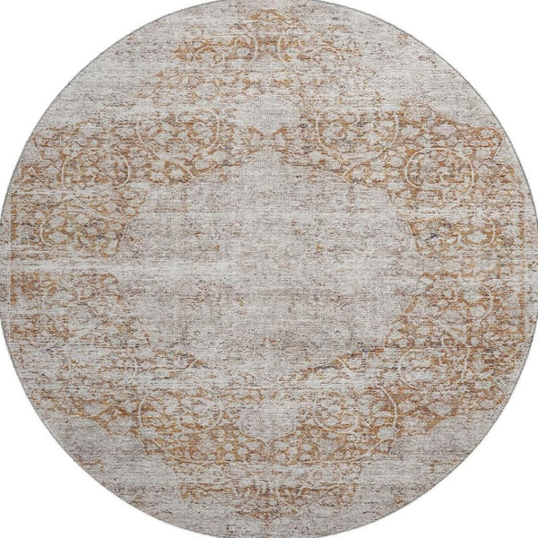 HomeRoots 8' Copper and Beige Medallion Round Rug - Washable, UV-Protected, Stain-Resistant for Family Homes 686762