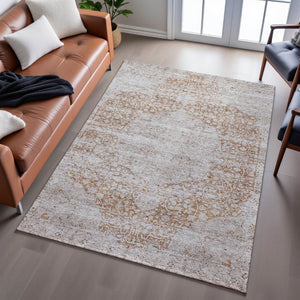 HomeRoots 8' X 10' Copper and Beige Medallion Area Rug - Washable, UV Protected, Stain Resistant for Homes 686763