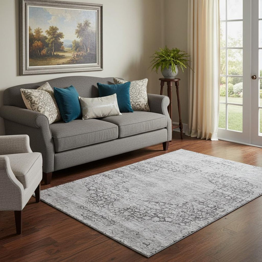 HomeRoots 5' X 8' Gray and Silver Medallion Area Rug - Stylish, Washable, UV-Protected, Durable for Busy Homes 686767