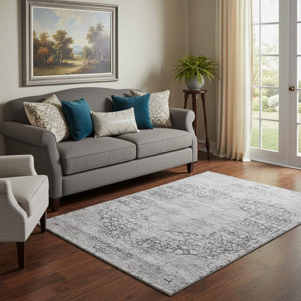 HomeRoots 5' X 8' Gray and Silver Medallion Area Rug - Stylish, Washable, UV-Protected, Durable for Busy Homes 686767