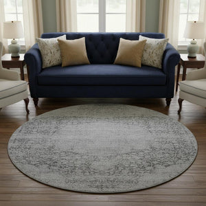 HomeRoots 8' Gray and Silver Medallion Round Rug - Washable, UV Protected, Durable for Indoor & Outdoor Use 686768