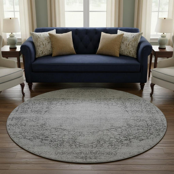 HomeRoots 8' Gray and Silver Medallion Round Rug - Washable, UV Protected, Durable for Indoor & Outdoor Use 686768