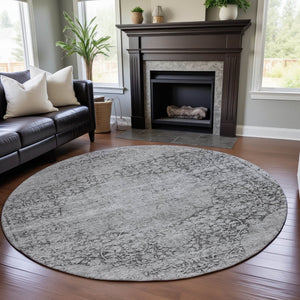 HomeRoots 8' Gray and Silver Medallion Round Rug - Washable, UV Protected, Durable for Indoor & Outdoor Use 686768