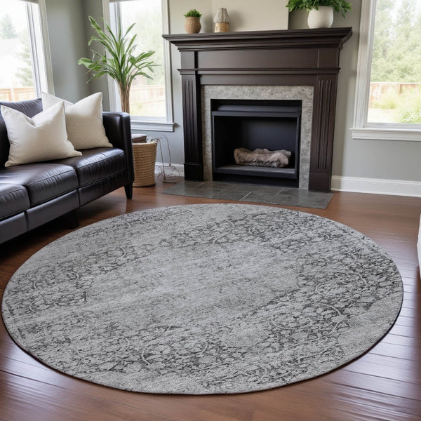HomeRoots 8' Gray and Silver Medallion Round Rug - Washable, UV Protected, Durable for Indoor & Outdoor Use 686768