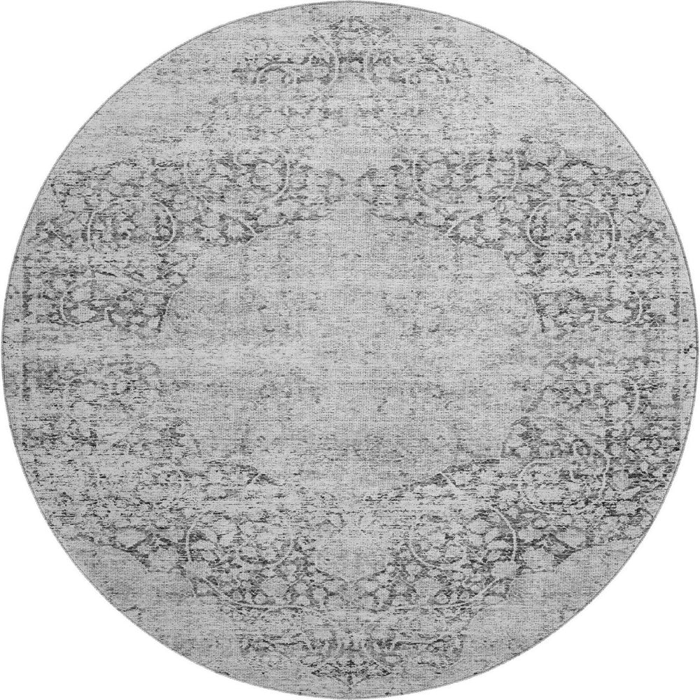 HomeRoots 8' Gray and Silver Medallion Round Rug - Washable, UV Protected, Durable for Indoor & Outdoor Use 686768