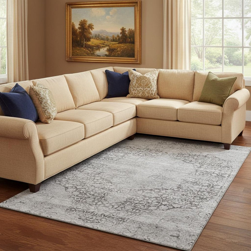 HomeRoots 8' X 10' Gray and Silver Medallion Washable Area Rug - Durable, Stain Resistant, UV Protected Design 686769
