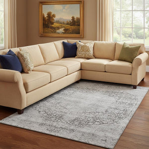 HomeRoots 8' X 10' Gray and Silver Medallion Washable Area Rug - Durable, Stain Resistant, UV Protected Design 686769