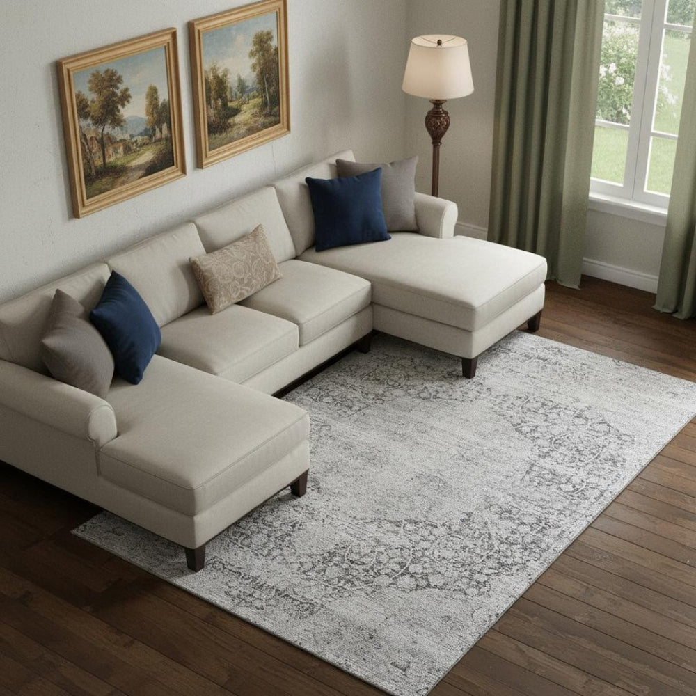 HomeRoots 9' X 12' Gray And Silver Medallion Area Rug - Washable, Stain Resistant, UV Protected for Durability 686770