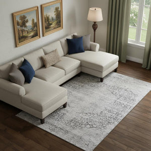 HomeRoots 9' X 12' Gray And Silver Medallion Area Rug - Washable, Stain Resistant, UV Protected for Durability 686770