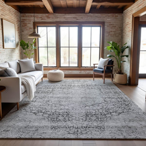 HomeRoots 10' X 14' Gray Silver Medallion Washable Area Rug - Stain-Resistant, UV Protected, Perfect for Homes 686771