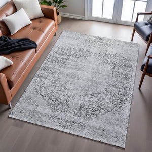 HomeRoots 10' X 14' Gray Silver Medallion Washable Area Rug - Stain-Resistant, UV Protected, Perfect for Homes 686771