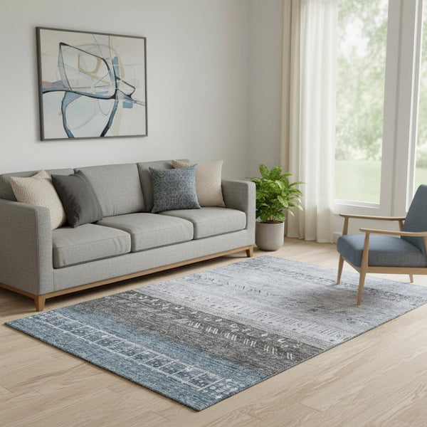 HomeRoots 5' X 8' Geometric Washable Area Rug in Blue, Brown & Silver – Stain-Resistant & UV Protected Design! 686773
