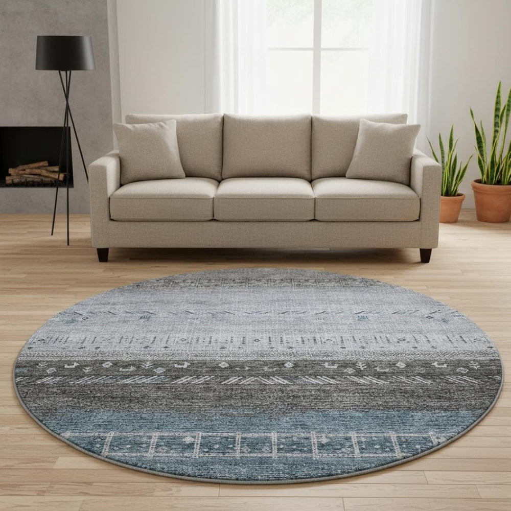 HomeRoots 8' Blue Brown and Silver Geometric Round Rug - Washable, UV Protected, Stain Resistant for High Traffic 686774