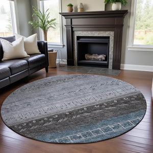 HomeRoots 8' Blue Brown and Silver Geometric Round Rug - Washable, UV Protected, Stain Resistant for High Traffic 686774