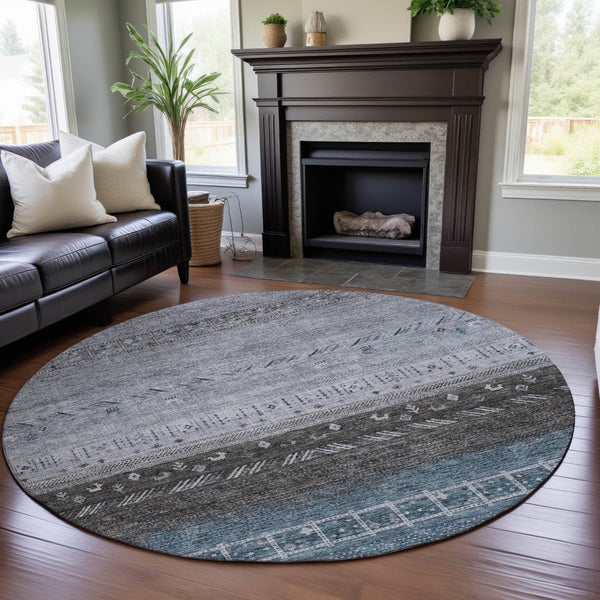 HomeRoots 8' Blue Brown and Silver Geometric Round Rug - Washable, UV Protected, Stain Resistant for High Traffic 686774