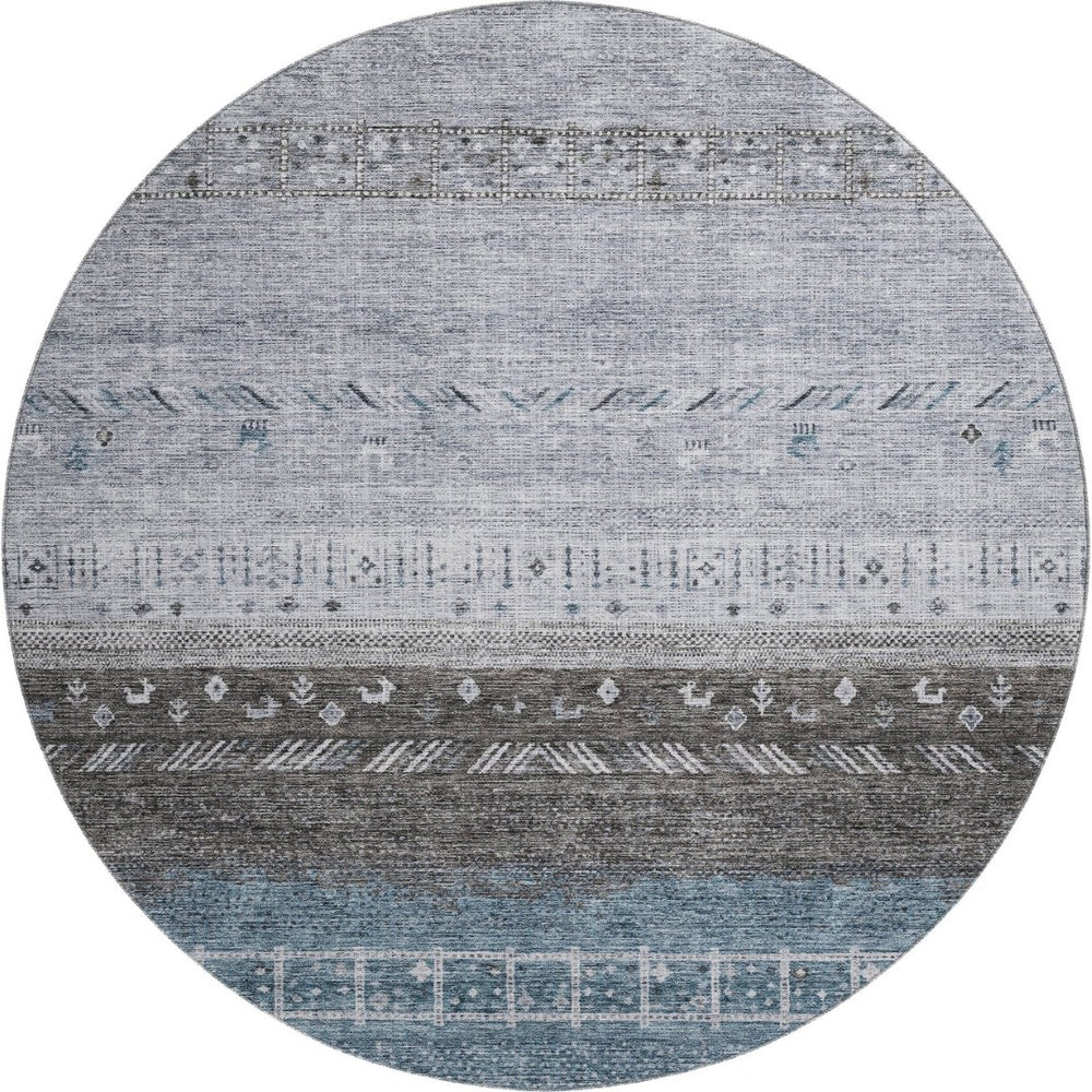 HomeRoots 8' Blue Brown and Silver Geometric Round Rug - Washable, UV Protected, Stain Resistant for High Traffic 686774
