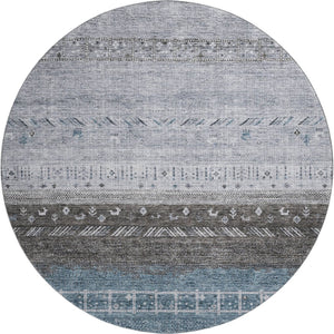 HomeRoots 8' Blue Brown and Silver Geometric Round Rug - Washable, UV Protected, Stain Resistant for High Traffic 686774