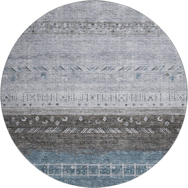 HomeRoots 8' Blue Brown and Silver Geometric Round Rug - Washable, UV Protected, Stain Resistant for High Traffic 686774