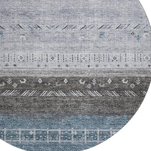 HomeRoots 8' Blue Brown and Silver Geometric Round Rug - Washable, UV Protected, Stain Resistant for High Traffic 686774