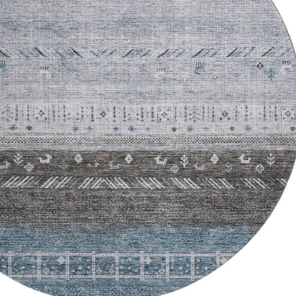 HomeRoots 8' Blue Brown and Silver Geometric Round Rug - Washable, UV Protected, Stain Resistant for High Traffic 686774