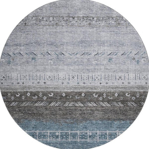 HomeRoots 8' Blue Brown and Silver Geometric Round Rug - Washable, UV Protected, Stain Resistant for High Traffic 686774