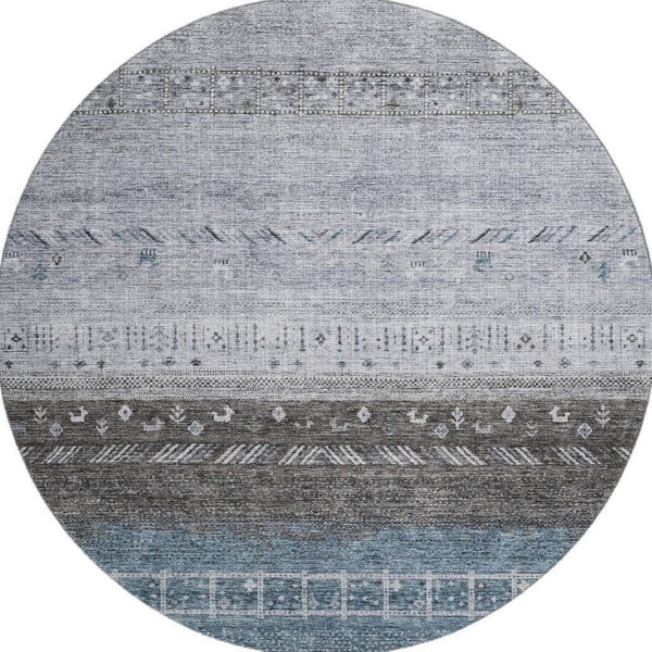 HomeRoots 8' Blue Brown and Silver Geometric Round Rug - Washable, UV Protected, Stain Resistant for High Traffic 686774