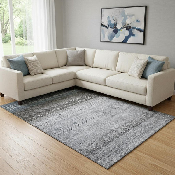 HomeRoots 8' X 10' Stylish Blue, Brown & Silver Geometric Washable Area Rug with UV Protection for Busy Homes 686775