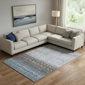HomeRoots 9' X 12' Modern Blue, Brown & Silver Geometric Area Rug – Washable, UV-Protected & Pet-Friendly! 686776
