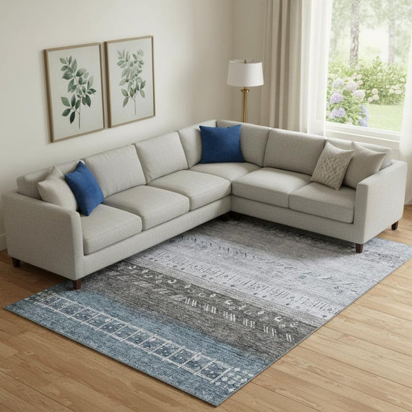 HomeRoots 10' X 14' Geometric Washable Area Rug in Blue, Brown & Silver - UV Protected, Stain-Resistant Design 686777