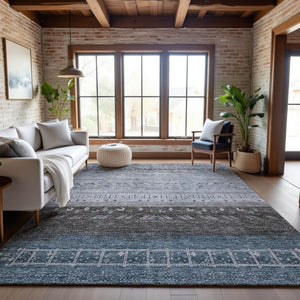 HomeRoots 10' X 14' Geometric Washable Area Rug in Blue, Brown & Silver - UV Protected, Stain-Resistant Design 686777
