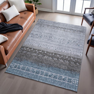 HomeRoots 10' X 14' Geometric Washable Area Rug in Blue, Brown & Silver - UV Protected, Stain-Resistant Design 686777