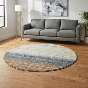 HomeRoots 8' Brown, Beige & Navy Blue Geometric Washable Round Rug - Durable, UV Protected & Stylish Home Decor 686780