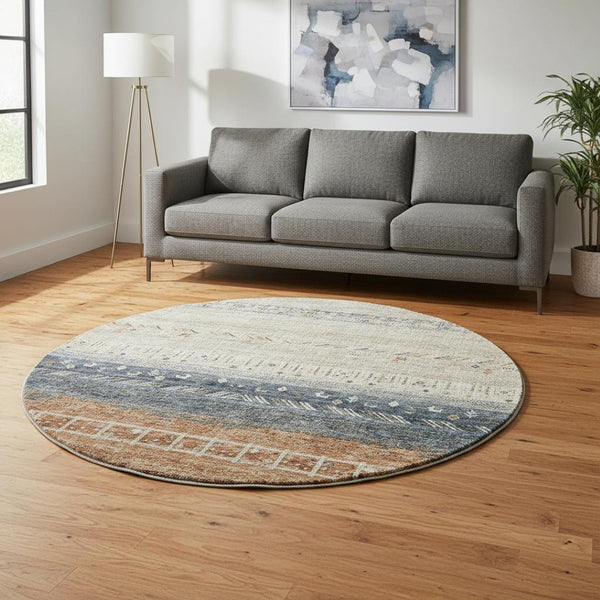 HomeRoots 8' Brown, Beige & Navy Blue Geometric Washable Round Rug - Durable, UV Protected & Stylish Home Decor 686780