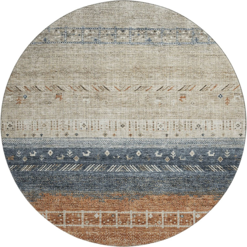 HomeRoots 8' Brown, Beige & Navy Blue Geometric Washable Round Rug - Durable, UV Protected & Stylish Home Decor 686780