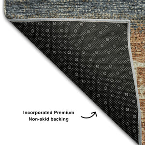 HomeRoots 8' Brown, Beige & Navy Blue Geometric Washable Round Rug - Durable, UV Protected & Stylish Home Decor 686780