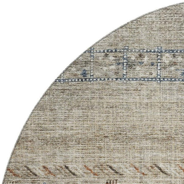 HomeRoots 8' Brown, Beige & Navy Blue Geometric Washable Round Rug - Durable, UV Protected & Stylish Home Decor 686780