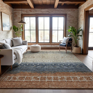 HomeRoots 9' Geometric Washable Area Rug in Brown, Beige & Navy - UV Protected, Stain-Resistant & Durable! 686782
