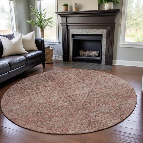 HomeRoots 8' Pink and Beige Moroccan Round Rug - Washable, UV Protected, Durable for High-Traffic Areas 686786