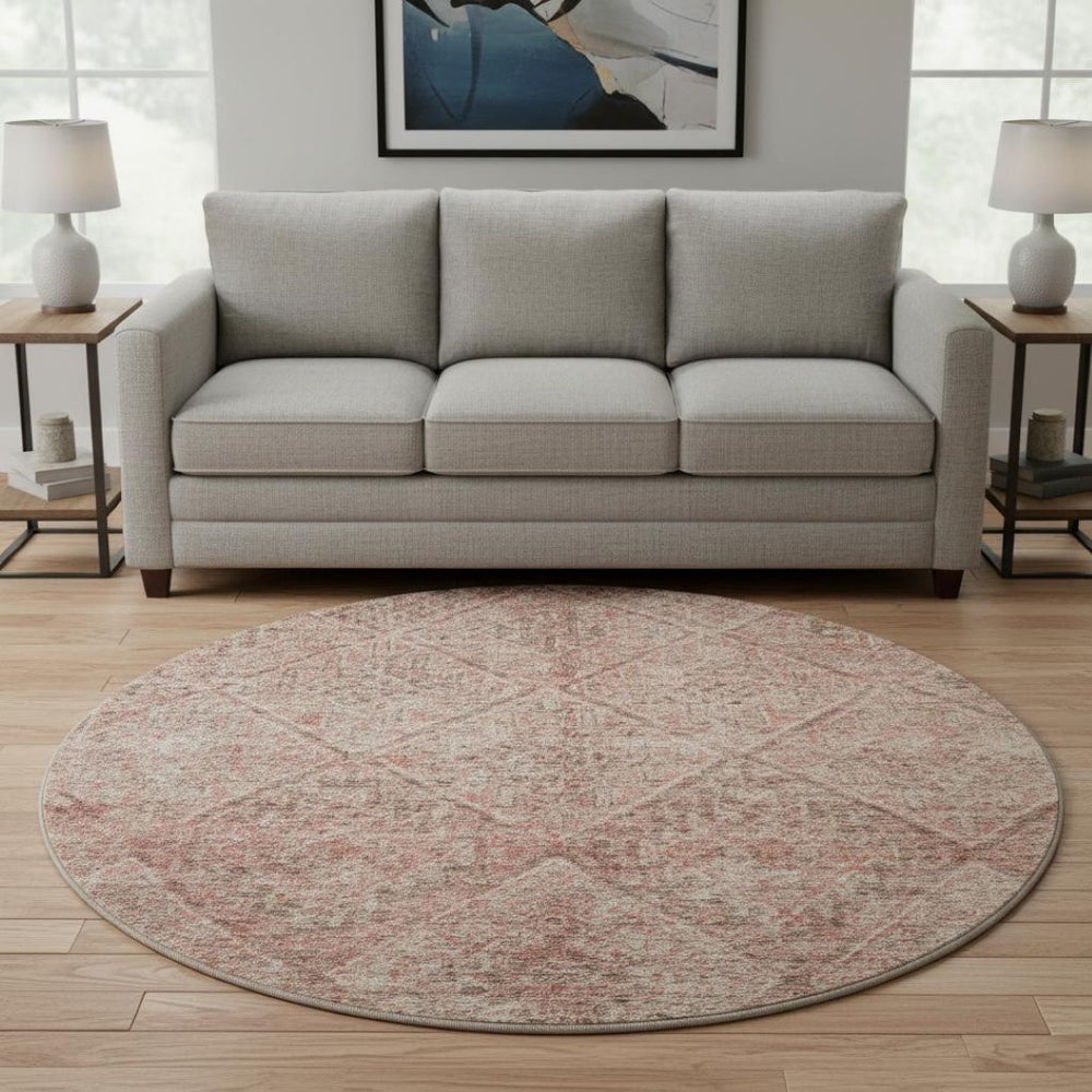 HomeRoots 8' Pink and Beige Moroccan Round Rug - Washable, UV Protected, Durable for High-Traffic Areas 686786