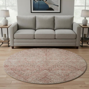 HomeRoots 8' Pink and Beige Moroccan Round Rug - Washable, UV Protected, Durable for High-Traffic Areas 686786