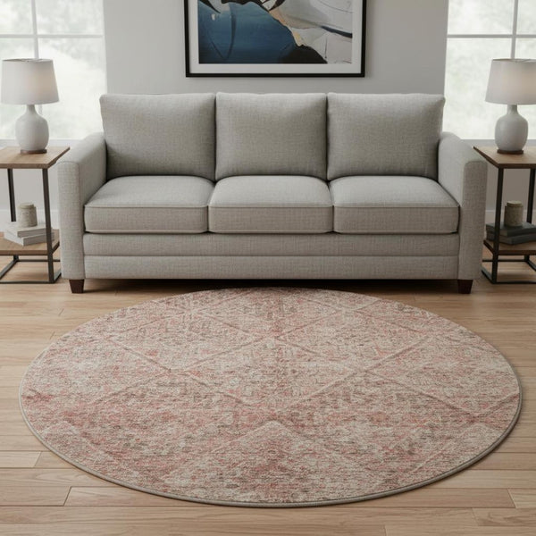 HomeRoots 8' Pink and Beige Moroccan Round Rug - Washable, UV Protected, Durable for High-Traffic Areas 686786